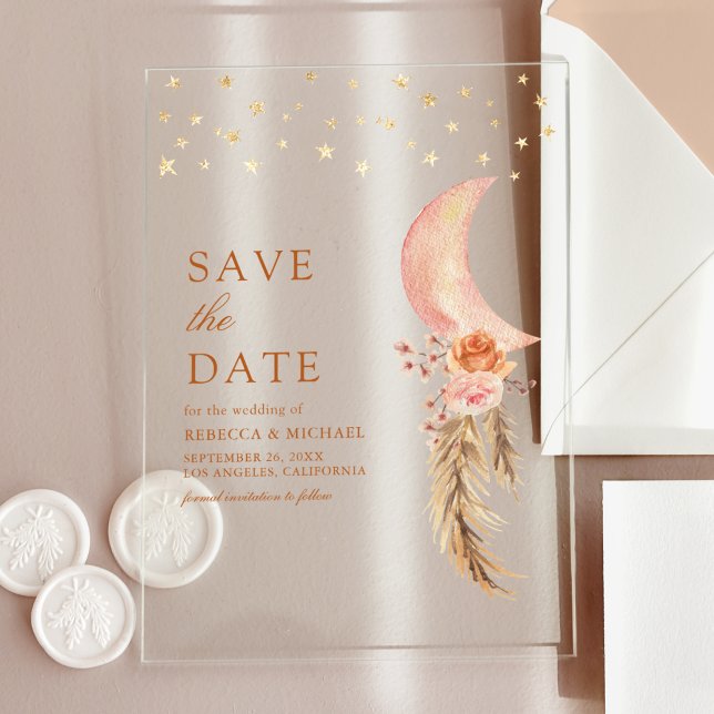 Erdthy Floral Crescent Moon Wedding Save the Date Acryleinladungen (Von Creator hochgeladen)