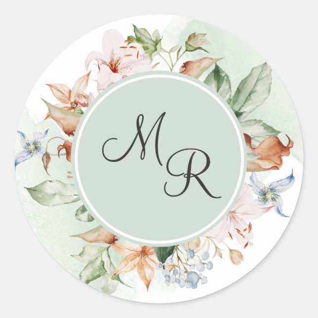 Erdtöne, Blütenblüte, grüner Monogramm-Umschlag Au Runder Aufkleber (Vorderseite)