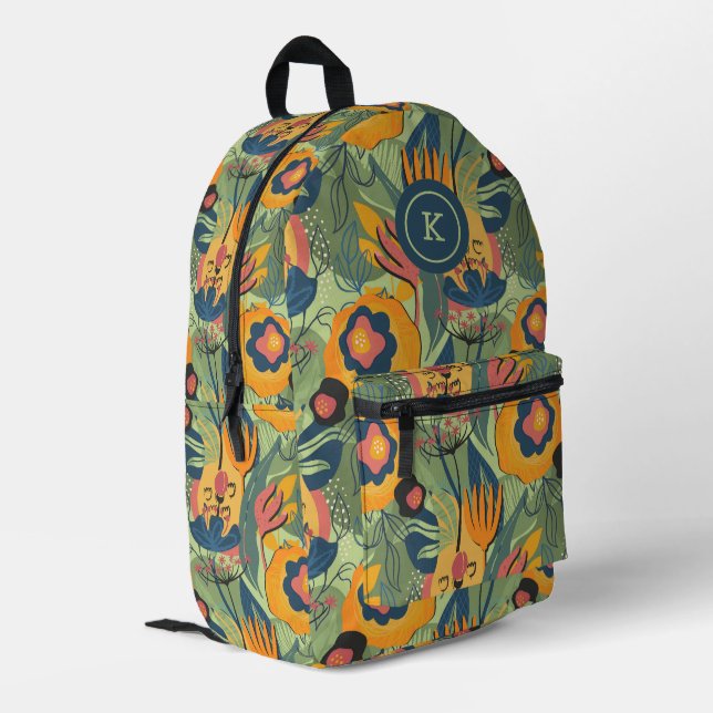 Erdtöne farbenfrohe exotische Blume Muster Bedruckter Rucksack (Rückseitige Ecke links)