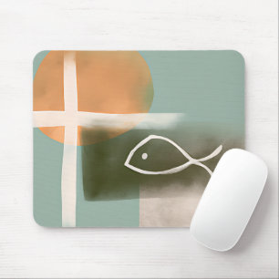Erdtöne Kreuz und Fisch minimalistischer Kunst Mousepad