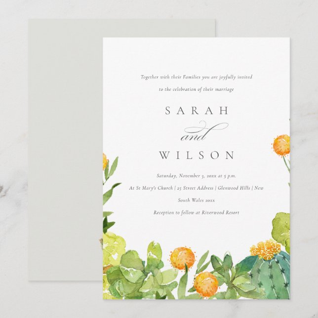 ERFOLGREICHE CACTUS FLORAL GARDEN WATERCOLOR WEDD EINLADUNG (Vorne/Hinten)
