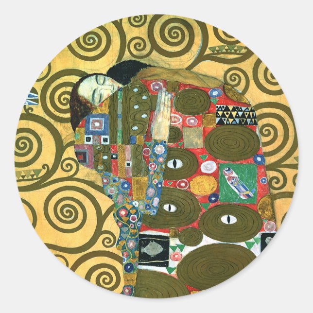 Erfüllung alias The Embrace von Gustav Klimt Runder Aufkleber (Vorderseite)