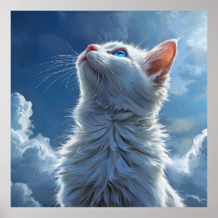 Erhabene weiße Katze, die in einen ruhigen blauen  Poster