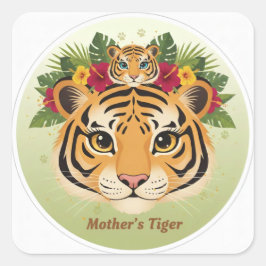 Erhabener Mutter-Tiger und Jungtier-Blumenaufklebe Quadratischer Aufkleber