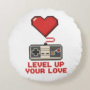 Erhöhe Deine Liebe, Retro-Pixel-Gaming-Design Rundes Kissen