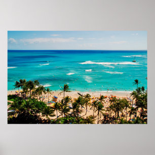 Erhöhte Ansicht eines Waikiki-Strandszenes, Honolu Poster
