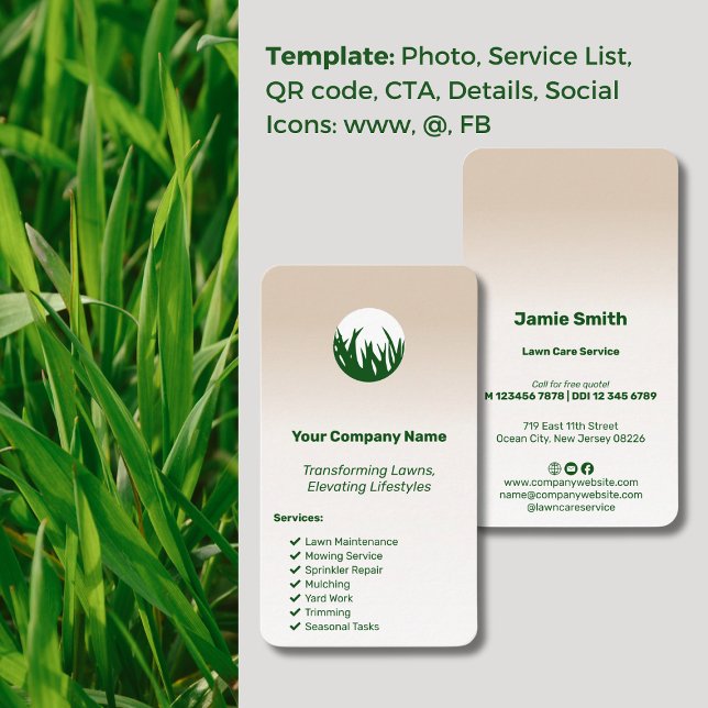 Erhöhte Lebensweise Benutzerfreundliche Pflege des Visitenkarte (Elevating Lifestyles Custom Lawn Care Business Card, Green Grass Logo, Service List, Icons)
