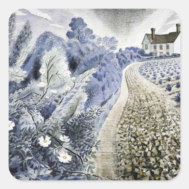 Eric Ravilious - Bauernhof und Feld Quadratischer Aufkleber (Vorderseite)