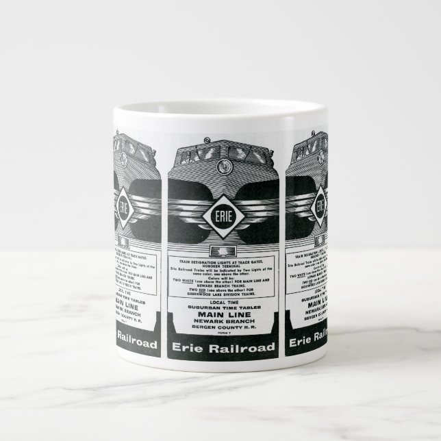 Erie-Eisenbahn-Vorstadtzeitplan-Abdeckung 1958 Jumbo-Tasse (Vorderseite)