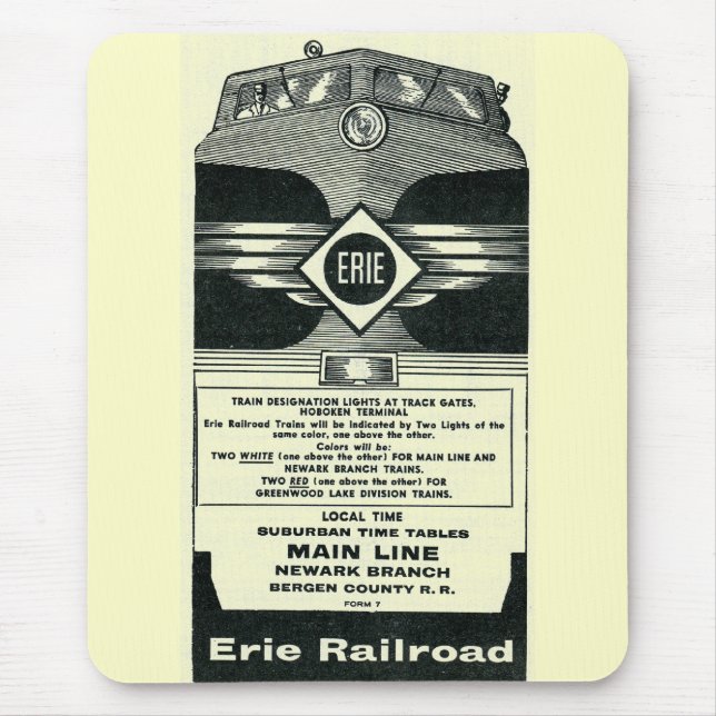 Erie-Eisenbahn-Vorstadtzeitplan-Abdeckung 1958 Mousepad (Vorne)