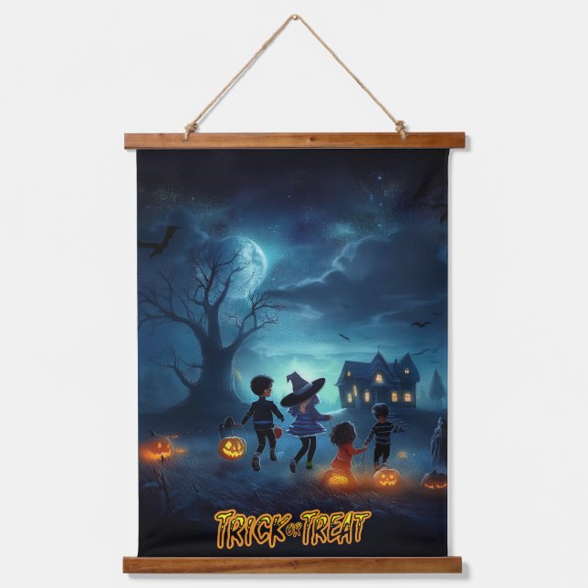 Erie Halloween Kids Trick oder Treatment Wandteppich Mit Holzrahmen (Vorderseite)