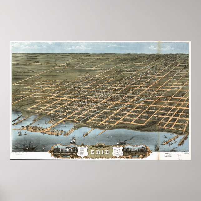 Erie Pennsylvania 1870 Antike Panoramakarte Poster (Vorne)
