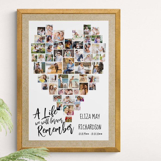 Erinnern Sie sich an das 51-Foto-Gedenkmal "Herz g Poster (Funeral memorial poster to order professionally printed or as a printable digital download)