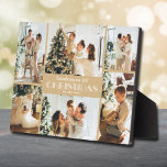 Erinnerung an Weihnachts-FotoCollage Fotoplatte<br><div class="desc">Eine 6-Foto-Collage, Ihr Familienname und die Worte "Erinnern an unsere 20XX Weihnachten" in schick weißer Schrift auf weichem Gold werden direkt auf das Hardboard-Panel gesetzt, um ein atemberaubend knackiges Bild mit einer leicht wischbaren, sauberen Oberfläche zu erhalten. Tabletop, auf einem Regal oder einem Schreibtisch, diese Tafel mit eingebautem Aasel ist...</div>