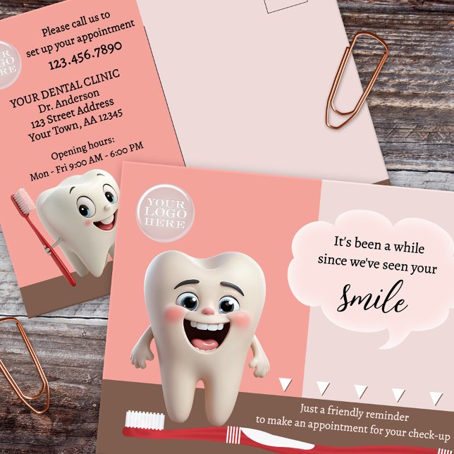 Erinnerung für Zahnersatz Postkarte (Dental appointment reminder postcard featuring cute molars with a smile and toothbrush)