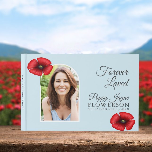 Erinnerung Poppy Blue Funeral Memorial Gästebuch (Add your beloved's photo and special dates to this sky blue poppy memorial/funeral guest book.)