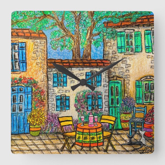 Erinnerungen der Provence-Wall-Uhr von Lisa Lorenz Quadratische Wanduhr (Vorderseite)