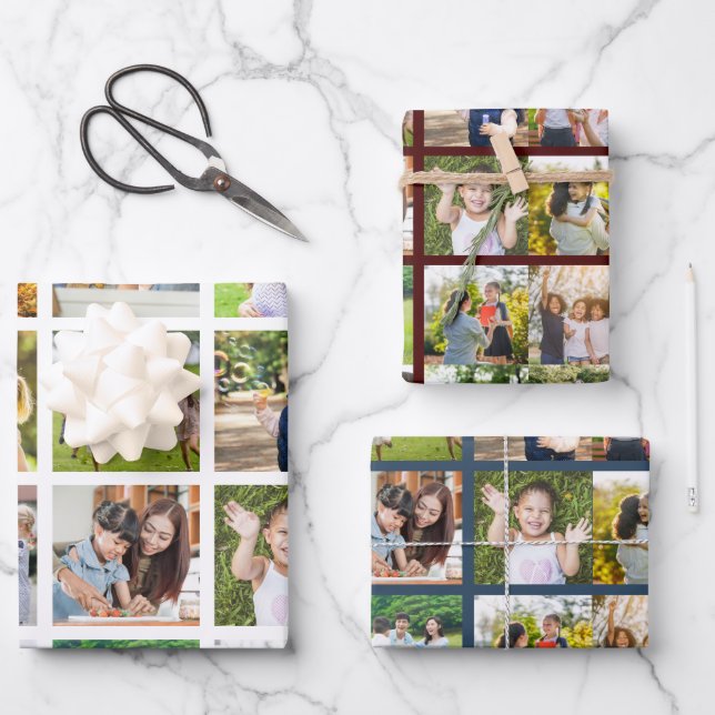 Erinnerungen in Bewegung: Anpassbare 16-FotoCollag Geschenkpapier Set (Vorderseite)