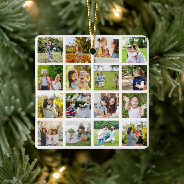 Erinnerungen in Bewegung: Anpassbare 16-FotoCollag Keramikornament (Baum)