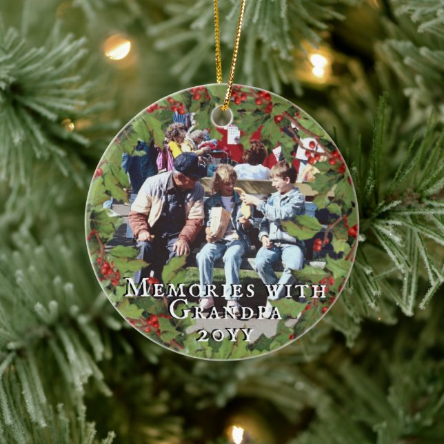 Erinnerungen mit Opa-Foto - Holzoberrahmen Keramik Ornament (Baum)