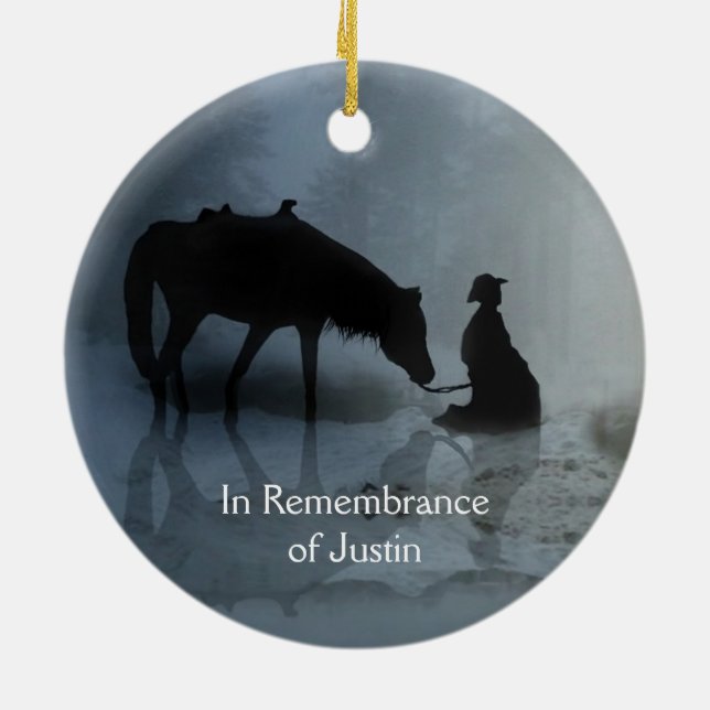 Erinnerungsname Cowboy und PferdeMemorial Keramik Ornament (Hinten)