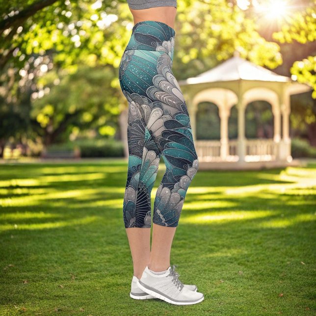 Erklärung Art Nouveau Blue Silver Fans Capri Leggings (Von Creator hochgeladen)