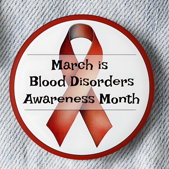 Erkrankungen des März Button (March is Blood Disorders Awareness Month pinback button. Red Awareness Ribbon.)