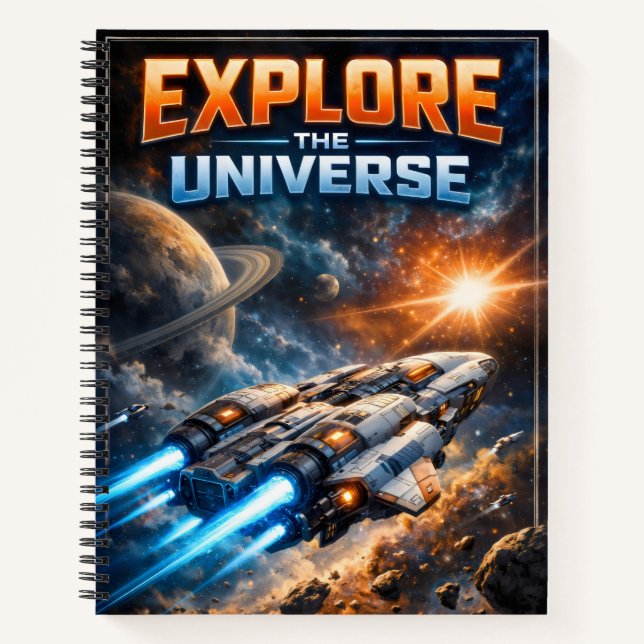 Erkunde das Universum – Sci-Fi-Raumschiff Notizbuch (Vorderseite)