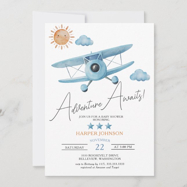 Erlebnis erwartet Airplane Baby Shower Einladung (Vorderseite)