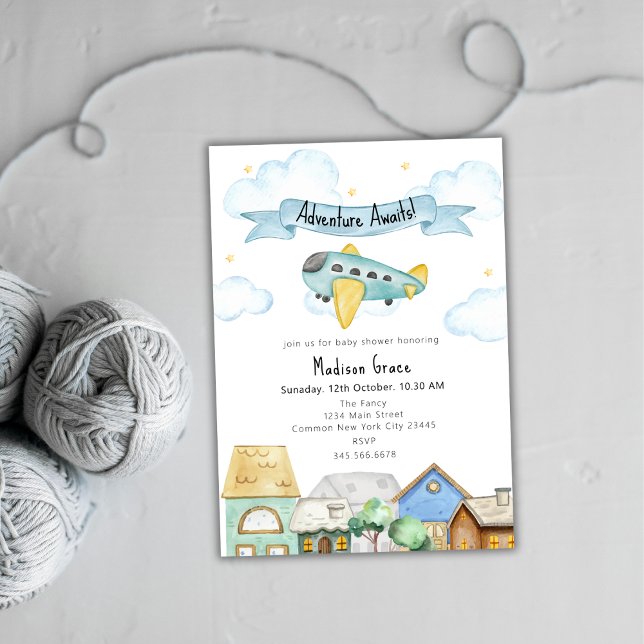 Erlebnis erwartet Aviator Airplane Baby Shower Einladung (Adventure Awaits Aviator Airplane Baby Shower Invitation)