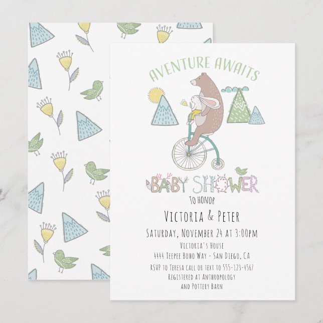 Erlebnis erwartet Bear Bunny Bike Baby Dusche Einladung (Vorne/Hinten)