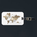 Erlebnis erwartet goldene Aquarellweltkarte Gepäckanhänger<br><div class="desc">Das Abenteuer wartet auf Metallic-Effekt Gold-Weltkarte Gepäckanhänger. Skripttext und schöne klassische goldene Illustrationen. Ideal für Flitterwochen oder Abschluss Geschenke.</div>