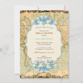 Erlebnis erwartet Vintage Weltkarte Blaue Hydrange Einladung