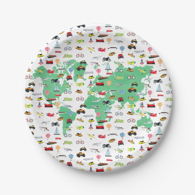 Erlebnis erwartet World Map Vehicles Pappteller (Vorderseite)