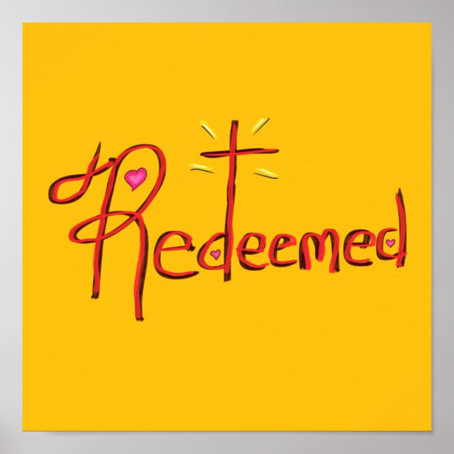 Erlöst mit Kreuz und Herz gelb Poster (Vorne)