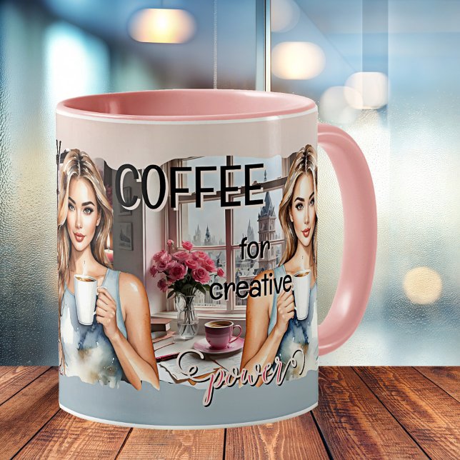 Ermächtigung der Frauen zur kreativen Kunst Kaffeetasse (Office mug featuring a watercolor illustration of a young woman with coffee. Empowering women.)