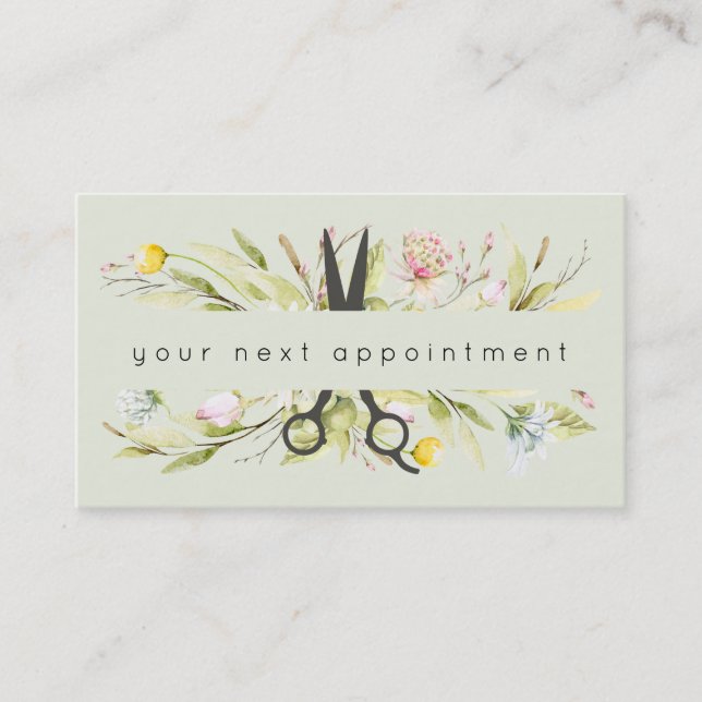 Ernennung des eleganten Floral Salon Scissors Logo Visitenkarte (Vorderseite)