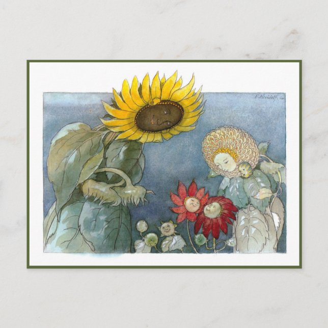 Ernst Kreidolf Vintag Sonnenblume und Dahlia Postkarte (Vorderseite)