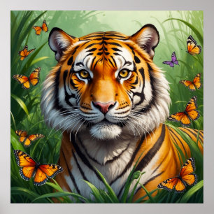 Ernster Tiger mit Schmetterlingen im Dschungel Poster