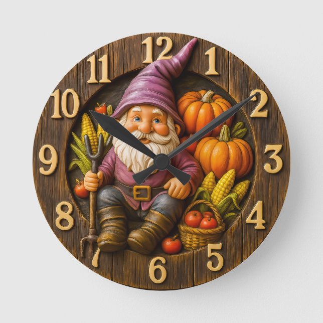 Ernte-Gnom mit Kürbis rustikal Runde Wanduhr (Vorderseite)