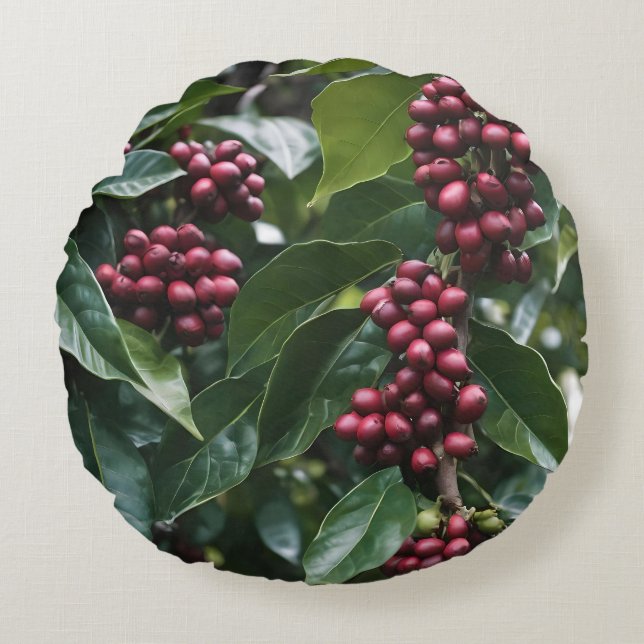 **"Ernte im Blut: Kaffeebohnen auf dem Baum"** Rundes Kissen (Vorderseite)