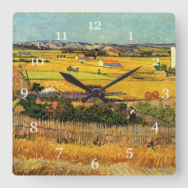 Ernte in La Crau, mit Montmajour... Quadratische Wanduhr (Vorderseite)
