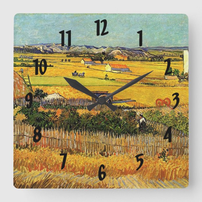 Ernte in La Crau, mit Montmajour.. Quadratische Wanduhr (Vorderseite)