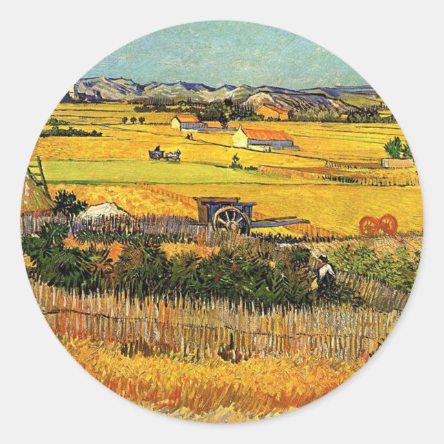 Ernte in La Crau, mit Montmajour.. Runder Aufkleber (Vorderseite)