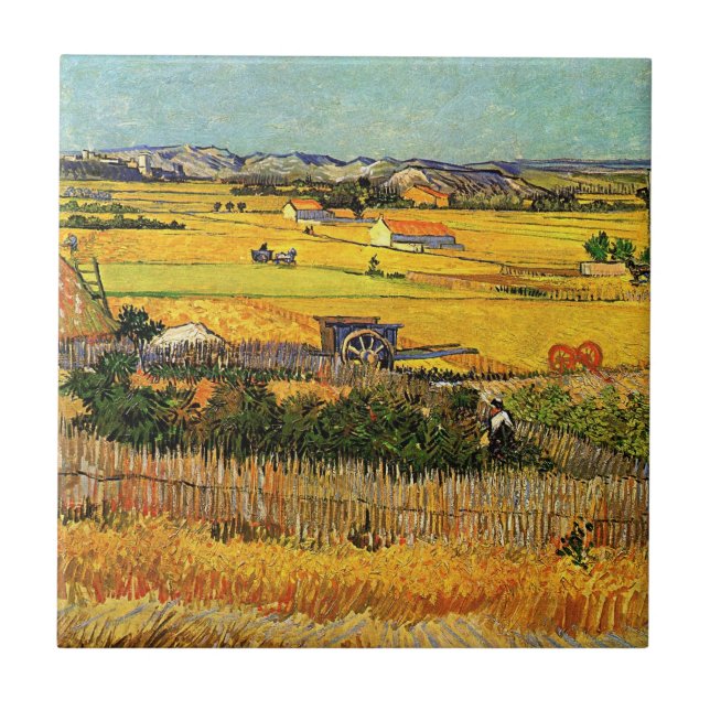 Ernte in La Crau, Montmajour von Vincent van Gogh Fliese (Vorderseite)