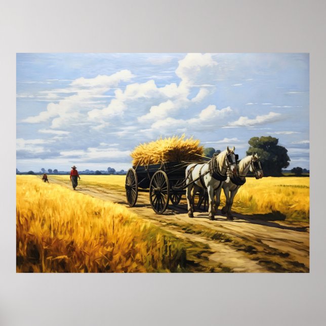 Ernte von Körnern mit Reitwagen Poster (Vorne)