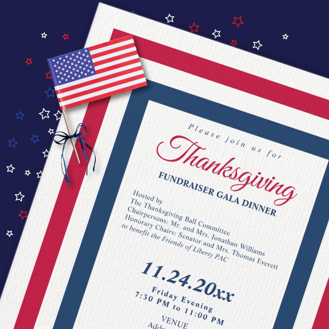 Erntedank 2026 Fundraiser Gala Dinner Politisch Einladung (Patriotic Thanksgiving fundraiser gala dinner invitation close-up on laid paper with flag and ribbon)
