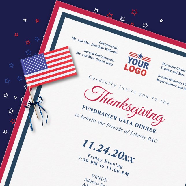 Erntedank 2026 Politische Fundraiser Gala Abendess Einladung (Patriotic Thanksgiving fundraiser gala dinner invitation close-up with decorative flag and ribbon)