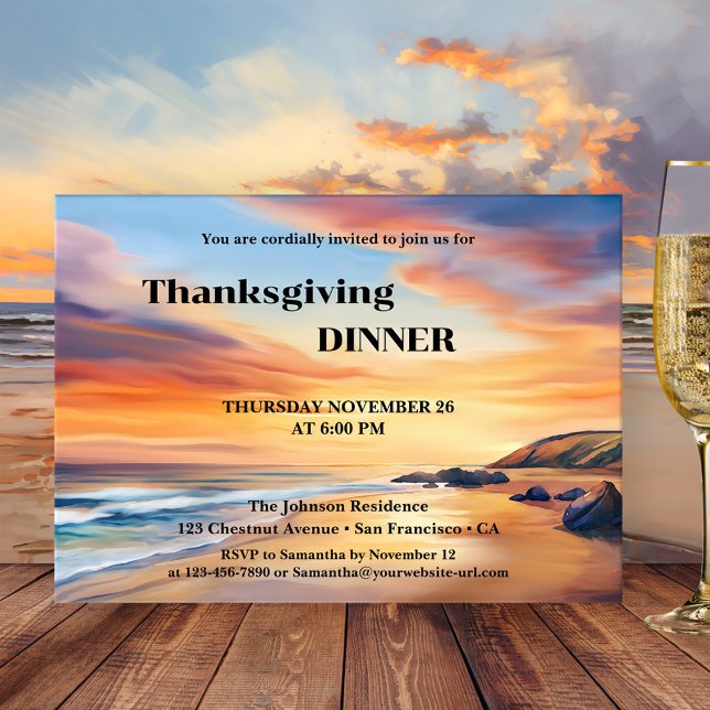 Erntedank-Abendessen am Strand Party Einladung (Watercolor Thanksgiving dinner party invitation featuring a sunset on the beach)