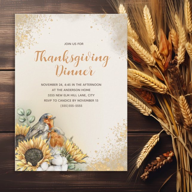 Erntedank Abendessen Herbst Vögel Sonnenblumen Einladung (Sunflowers and bird Thanksgiving Dinner invitation)